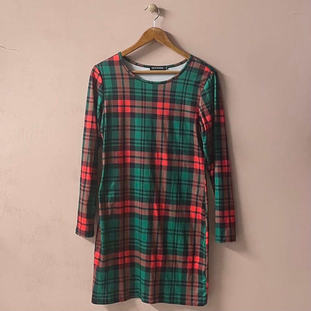 Deer Rose Green & Red Plaid Bodycon Mini Dress Size M GUC - Picture 1 of 10